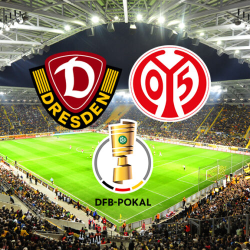 Ein Weitwinkelbild eines Fußballstadions, gefüllt mit jubelnden Fans. Über dem Spielfeld schweben die Logos zweier Fußballvereine: Dynamo Dresden (links, dunkelrot und gelb mit einem „D“) und 1. FSV Mainz 05 (rechts, rot und weiß mit den Zahlen „05“). Zwischen den beiden Logos befindet sich der DFB-Pokal-Pokal mit der Aufschrift „DFB-Pokal“ darunter.