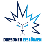 Das Logo der Dresdner Eislöwen. Es zeigt den stilisierten Kopf eines Löwen mit einer gezackten Mähne, die an Blitze oder Eiszapfen erinnert. Die linke Hälfte der Mähne ist dunkelblau, die rechte Hälfte hellblau. Die Augen des Löwen sind ebenfalls hellblau. Unter dem Löwenkopf steht in Großbuchstaben 'DRESDNER' in Dunkelblau und 'EISLÖWEN' in Hellblau.
