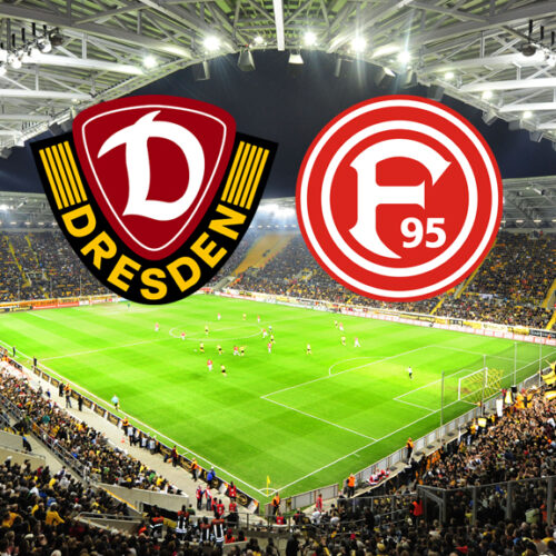 Ein Weitwinkelbild eines Fußballstadions, gefüllt mit jubelnden Fans. Über dem Spielfeld schweben die Logos zweier Fußballvereine: Dynamo Dresden (links, dunkelrot und gelb mit einem „D“) und Fortuna Düsseldorf (rechts, rot und weiß mit dem Buchstaben „F“ und der Zahl „95“).