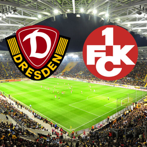 Ein breites, horizontales Bild zeigt ein Fußballstadion, das voll von Fans ist, die gelbe Trikots tragen. Auf dem Spielfeld sind Fußballspieler zu sehen. Am oberen Rand des Bildes, in der Mitte, befinden sich zwei Logos. Das linke Logo ist das Wappen von Dynamo Dresden, das rechte Logo ist das Wappen des 1. FC Kaiserslautern.
