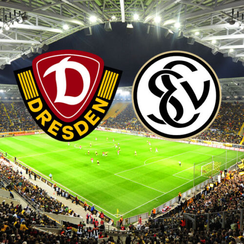 Ein Weitwinkelbild eines Fußballstadions, gefüllt mit jubelnden Fans. Über dem Spielfeld schweben die Logos zweier Fußballvereine: Dynamo Dresden (links, dunkelrot und gelb mit einem „D“) und SV Elversberg (rechts, schwarz und weiß mit einem stilisierten "SVE").