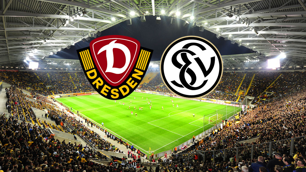 Ein Weitwinkelbild eines Fußballstadions, gefüllt mit jubelnden Fans. Über dem Spielfeld schweben die Logos zweier Fußballvereine: Dynamo Dresden (links, dunkelrot und gelb mit einem „D“) und SV Elversberg (rechts, schwarz und weiß mit einem stilisierten "SVE").