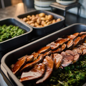 ©Supreme Sports Hospitality GmbH Nahaufnahme einer Buffet-Station mit warmen Speisen. Im Vordergrund steht eine Servierschale mit zart geschnittenem, glasiertem Braten auf einem Bett aus grünem Gemüse. Dahinter befinden sich weitere Schalen mit Beilagen wie Röstkartoffeln und Brokkoli sowie ordentlich gestapeltes Geschirr.